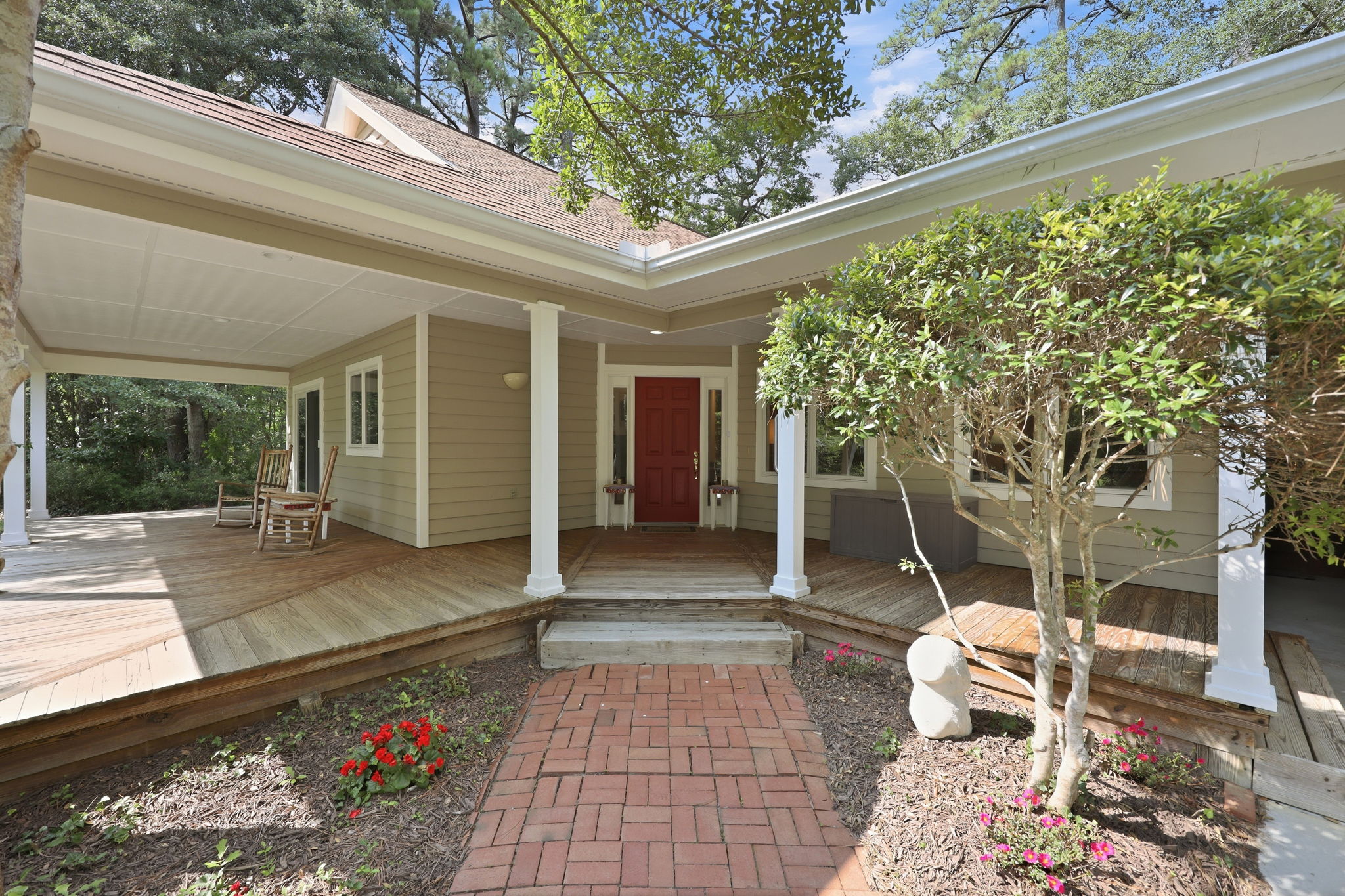 Front porch and entry with red door